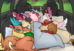 Size: 2000x1375 | Tagged: safe, anonymous artist, cashmere (tfh), comet (tfh), dancer (tfh), pomfy (tfh), velvet (tfh), vixen (tfh), deer, reindeer, them's fightin' herds, community related, context in comments, cuddle puddle, cuddling, cute, drawthread, female, lidded eyes, looking at you, pillow, ponified animal photo, pony pile, reference in the comments, sleeping, truck