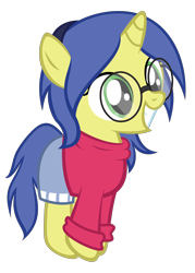 Size: 2240x3120 | Tagged: safe, artist:strategypony, oc, oc only, oc:logical leap, pony, unicorn, adorkable, clothes, cute, dork, female, filly, glasses, hairband, high res, horn, leaping, ocbetes, simple background, smiling, squee, sweater, transparent background, unicorn oc