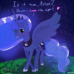 Size: 4000x4000 | Tagged: safe, artist:enonnnymous, princess luna, alicorn, pony, g4, /moon/, absurd resolution, blushing, ethereal mane, female, floating heart, heart, hoof shoes, implied anon, jewelry, lidded eyes, looking at you, mare, night, peytral, question, regalia, solo, spread wings, stars, talking to viewer, wings