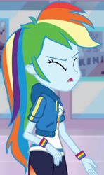 Size: 1920x3239 | Tagged: safe, screencap, rainbow dash, dashing through the mall, equestria girls, equestria girls specials, g4, my little pony equestria girls: better together, my little pony equestria girls: holidays unwrapped, breasts, clothes, cropped, cutie mark, cutie mark on clothes, eyes closed, female, frown, geode of super speed, high res, hoodie, jewelry, magical geodes, necklace, open mouth, solo