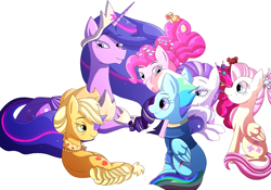 Size: 2000x1400 | Tagged: safe, artist:plasmaticia, applejack, fluttershy, pinkie pie, rainbow dash, rarity, twilight sparkle, alicorn, earth pony, pegasus, pony, unicorn, g4, the last problem, female, group, lying, mane six, mare, older, older applejack, older fluttershy, older mane six, older pinkie pie, older rainbow dash, older rarity, older twilight, older twilight sparkle (alicorn), princess twilight 2.0, simple background, sitting, twilight sparkle (alicorn), white background