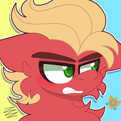 Size: 2000x2000 | Tagged: safe, artist:saveraedae, sprout cloverleaf, earth pony, pony, g5, my little pony: a new generation, angry, blushing, blushing profusely, chest fluff, floppy ears, gritted teeth, high res, implied clovertrail, implied gay, implied shipping, looking away, male, solo, stallion
