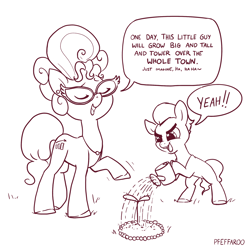 Size: 2048x2048 | Tagged: safe, artist:pfeffaroo, phyllis cloverleaf, sprout cloverleaf, earth pony, pony, g5, my little pony: a new generation, bipedal, colt, colt sprout cloverleaf, comic, dialogue, duo, female, foreshadowing, high res, male, mare, mother and child, mother and son, plant, pointing, watering can