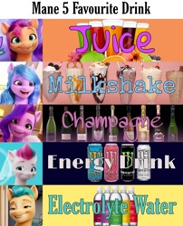 Size: 720x892 | Tagged: safe, edit, hitch trailblazer, izzy moonbow, pipp petals, sunny starscout, zipp storm, earth pony, pegasus, pony, unicorn, g5, my little pony: a new generation, alcohol, champagne, drink, electrolyte water, energy drink, juice, mane five, milkshake, monster energy, wine