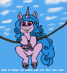 Size: 694x754 | Tagged: safe, artist:tmntfan85, izzy moonbow, pony, unicorn, g5, my little pony: a new generation, female, hang in there, hanging, looking at you, mare, motivational poster, positive ponies, smiling, solo, unshorn fetlocks, wristband