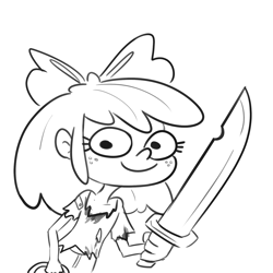 Size: 1584x1584 | Tagged: safe, artist:tjpones, apple bloom, human, g4, black and white, female, freckles, grayscale, humanized, lineart, machete, monochrome, simple background, smiling, solo, tattered, white background