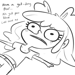 Size: 1584x1584 | Tagged: safe, artist:tjpones, apple bloom, human, g4, black and white, dialogue, existential crisis, freckles, grayscale, humanized, lineart, lying down, monochrome, on back, puns in the comments, solo, talking to herself