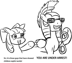 Size: 1202x1061 | Tagged: safe, artist:sonicdramon, apple bloom, earth pony, pegasus, pony, g4, cool, duo, female, filly, glasses, male, royal guard, stallion, text