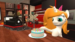 Size: 1920x1080 | Tagged: safe, artist:sevenxninja, derpibooru exclusive, oc, oc only, oc:love biscuit, pony, unicorn, 3d, apartment, birthday, birthday cake, birthday candles, cake, cute, food, gmod, grand theft auto, gta v, hat, kitchen, microwave, orange, oven, party hat, smiling, smirk, solo, train, vase