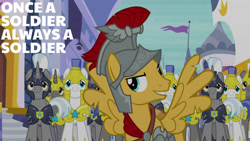Size: 1280x720 | Tagged: safe, edit, edited screencap, editor:quoterific, screencap, flash magnus, pegasus, pony, unicorn, a rockhoof and a hard place, g4, season 8, grin, male, royal guard, smiling, spread wings, stallion, wings
