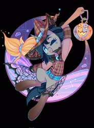 Size: 1510x2048 | Tagged: safe, artist:wavecipher, oc, oc only, pony, unicorn, broom, flannel, flying, flying broomstick, halloween, hat, holiday, jack-o-lantern, looking at you, pumpkin, smiling, solo, witch hat