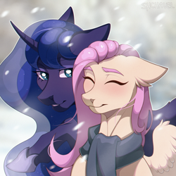 Size: 2000x2000 | Tagged: safe, artist:shchavel, fluttershy, princess luna, alicorn, pegasus, pony, g4, blushing, clothes, commission, cute, female, high res, mare, nudity, scarf, signature, snow, sternocleidomastoid, winter