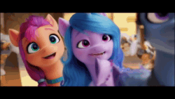 Size: 1280x720 | Tagged: safe, edit, edited screencap, editor:i-shooped-a-pwny, screencap, izzy moonbow, sunny starscout, zoom zephyrwing, earth pony, pegasus, pony, unicorn, g5, my little pony: a new generation, spoiler:my little pony: a new generation, animated, black bars, duo focus, female, guard, guardsmare, mare, pegasus royal guard, reversed, royal guard, sound, webm