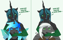 Size: 2320x1482 | Tagged: safe, artist:lumino010, queen chrysalis, oc, oc:kryostasis, changeling, changeling queen, pegasus, anthro, g4, breasts, changeling oc, clothes, commission, dress, female, gloves, horn, male, pegasus oc, text, wings, ych result