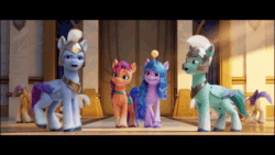 Size: 1280x720 | Tagged: safe, edit, editor:i-shooped-a-pwny, screencap, izzy moonbow, queen haven, sunny starscout, thunder flap, zoom zephyrwing, earth pony, pegasus, pony, unicorn, g5, my little pony: a new generation, spoiler:my little pony: a new generation, animated, black bars, female, guard, guardsmare, male, mare, pegasus royal guard, royal guard, sound, stallion, webm