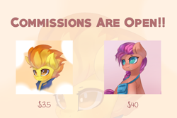 Size: 1280x853 | Tagged: safe, artist:jfrxd, spitfire, sunny starscout, earth pony, pegasus, pony, g4, g5, my little pony: a new generation, advertisement, bust, commission info