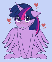 Size: 1920x2295 | Tagged: safe, artist:lucky-em, twilight sparkle, alicorn, pony, g4, blue background, cheek fluff, chest fluff, female, heart, mare, simple background, smiling, solo, twilight sparkle (alicorn)