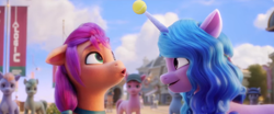 Size: 1360x567 | Tagged: safe, edit, edited screencap, editor:i-shooped-a-pwny, screencap, izzy moonbow, sunny starscout, earth pony, pony, unicorn, g5, my little pony: a new generation, ball, female, izzy's tennis ball, mare, maretime bay, tennis ball, wat