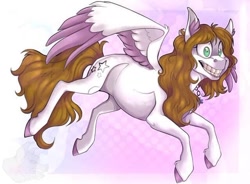 Size: 640x471 | Tagged: safe, artist:milledpurple, oc, oc only, pegasus, pony, colored hooves, colored wings, female, flying, grin, mare, pegasus oc, smiling, solo, two toned wings, wings
