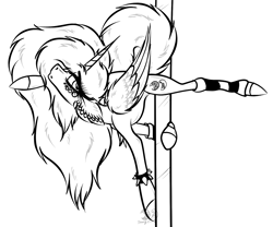 Size: 1705x1417 | Tagged: safe, artist:beamybutt, oc, oc only, oc:moonbeam, alicorn, pony, alicorn oc, clothes, ear fluff, eyelashes, horn, leg warmers, lineart, monochrome, pole dancing, simple background, solo, spiked wristband, stripper pole, white background, wings, wristband