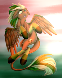 Size: 1600x2000 | Tagged: safe, artist:sketchytwi, oc, oc only, oc:cicada, pegasus, pony, floppy ears, flying, leonine tail, looking up, male, pegasus oc, solo, stallion, tail, wings
