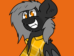 Size: 800x600 | Tagged: safe, artist:tranzmuteproductions, oc, oc only, oc:tranzmute, bat pony, pony, bat pony oc, bat wings, bust, clothes, grin, orange background, simple background, smiling, solo, wings