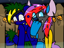 Size: 800x600 | Tagged: safe, artist:tranzmuteproductions, oc, oc only, changeling, pony, blushing, changeling oc, clothes, costume, crossover, duo, female, laughing, lilo and stitch, male, mare, night, outdoors, stallion, stars
