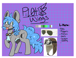 Size: 3300x2550 | Tagged: safe, artist:pilotwings, oc, oc only, pegasus, pony, blue hair, chest fluff, female, grey fur, high res, pilot, reference sheet, solo, tongue out, wings
