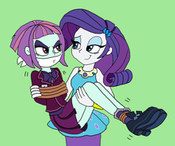Size: 1164x975 | Tagged: safe, artist:bugssonicx, rarity, sunny flare, human, equestria girls, g4, bondage, bound and gagged, bridal carry, carrying, cloth gag, clothes, crystal prep academy uniform, duo, duo female, female, gag, rarity peplum dress, rope, rope bondage, school uniform, skirt, smiling, smirk, tied up