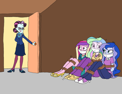 Size: 2158x1670 | Tagged: safe, artist:bugssonicx, dean cadance, princess cadance, princess celestia, princess luna, principal abacus cinch, principal celestia, vice principal luna, human, equestria girls, g4, bondage, bound and gagged, cloth gag, female, gag, help us, kidnapped, rope, rope bondage, tied up, victorious villain