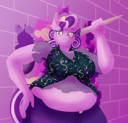 Size: 2500x2400 | Tagged: safe, artist:sixes&sevens, screwball, earth pony, anthro, g4, bbw, belly, belly button, breasts, brick wall, busty screwball, fat, female, fishnet stockings, graffiti, hand on hip, high res, midriff, muscles, paintbrush, smiling, solo