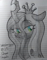 Size: 2904x3729 | Tagged: safe, artist:iceflower99, queen chrysalis, changeling, changeling queen, g4, bust, female, high res, inktober, inktober 2021, lined paper, solo, traditional art