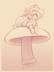 Size: 2676x3570 | Tagged: safe, artist:czu, oc, oc only, oc:coven, earth pony, pony, hat, high res, looking at you, lying down, male, monochrome, mushroom, prone, smiling, solo, stallion, witch, witch hat