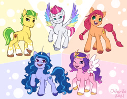 Size: 1048x823 | Tagged: safe, artist:othervio, hitch trailblazer, izzy moonbow, pipp petals, sunny starscout, zipp storm, earth pony, pegasus, pony, unicorn, g5, my little pony: a new generation, alternate color palette, colored wings, female, male, mane five, mare, multicolored wings, stallion, wings