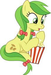 Size: 5047x7286 | Tagged: safe, artist:starcollider, apple fritter, earth pony, pony, g4, growing up is hard to do, .svg available, absurd resolution, apple family member, background pony, bow, female, food, green eyes, hair bow, mare, open mouth, popcorn, simple background, sitting, solo, speedpaint available, tail, tail bow, transparent background, two toned mane, two toned tail, vector
