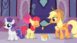 Size: 3410x1920 | Tagged: safe, screencap, apple bloom, applejack, sweetie belle, earth pony, pony, unicorn, g4, magic duel, season 3, apple bloom's bow, applejack's hat, bow, carousel boutique, cowboy hat, eyes closed, female, filly, hair bow, hat, high res, mare, mouth hold, paint, paintbrush