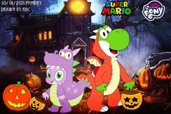 Size: 1080x720 | Tagged: safe, artist:fester1124, spike, dragon, yoshi, g4, animal costume, barely pony related, clothes, costume, crossover, dragon costume, halloween, halloween costume, haunted house, holiday, jack-o-lantern, looking at you, my little pony logo, pumpkin, pumpkin bucket, super mario bros.