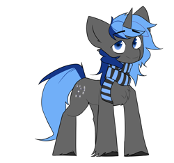 Size: 1920x1800 | Tagged: safe, artist:osukel, oc, oc only, oc:orion, pony, unicorn, black hooves, blue mane, clothes, colored, commission, flat colors, horn, male, orion (constellation), scarf, simple background, smiling, solo, stallion, standing, unicorn oc, white background
