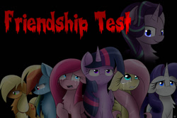 Size: 1024x679 | Tagged: safe, artist:enviaart, applejack, fluttershy, pinkie pie, rainbow dash, rarity, starlight glimmer, twilight sparkle, alicorn, earth pony, pegasus, pony, unicorn, fanfic:the friendship test, g4, black background, blood, blue eyes, blue fur, chest fluff, crying, curly mane, evil, evil grin, evil starlight, eyelashes, floppy ears, frown, glowing, glowing eyes, green eyes, grin, horn, long mane, looking offscreen, looking up, mane six, open mouth, orange fur, pink fur, pinkamena diane pie, purple eyes, purple fur, raised hoof, relapse, sad, scared, shiny mane, simple background, smiling, straight mane, tears of sadness, teeth, text, the friendship test, this will end in communism, twilight sparkle (alicorn), white fur