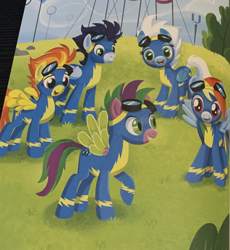 Size: 802x870 | Tagged: safe, artist:anthony conley, fleetfoot, rainbow dash, soarin', spike, spitfire, pegasus, pony, g4, my little pony. poni nimeltä spike, book, clothes, female, male, mare, outdoors, ponified, ponified spike, species swap, spike the wonderbolt, stallion, uniform, wonderbolts, wonderbolts uniform