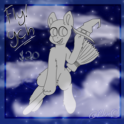 Size: 1439x1439 | Tagged: safe, artist:bluemoon, oc, pony, broom, commission, flying, flying broomstick, halloween, hat, holiday, night, nightmare night, solo, witch hat, ych example, your character here