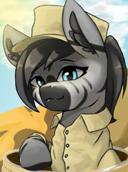 Size: 3120x4200 | Tagged: safe, artist:闪电_lightning, pony, zebra, equestria at war mod, bust, clothes, ear fluff, eyebrows, eyebrows visible through hair, hat, looking at you, portrait, shirt, solo
