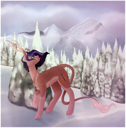 Size: 4168x4220 | Tagged: safe, artist:pokaparida, oc, oc only, earth pony, pony, absurd resolution, antlers, female, forest, mare, mountain, snow, snowfall, solo, tongue out, tree
