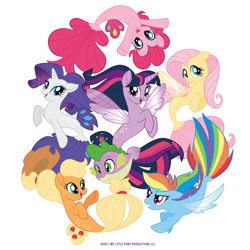 Size: 700x700 | Tagged: artist needed, safe, applejack, fluttershy, pinkie pie, rainbow dash, rarity, spike, twilight sparkle, alicorn, fish, mermaid, pony, puffer fish, seapony (g4), my little pony: the movie, official, applejack's hat, blue eyes, closed mouth, cowboy hat, dorsal fin, female, fin wings, fins, fish tail, flowing mane, green eyes, hat, horn, looking at you, male, mane seven, mane six, mare, multicolored hair, open mouth, orange skin, pale skin, pink hair, pink skin, purple eyes, purple hair, purple skin, rainbow hair, red eyes, render, seaponified, seapony applejack, seapony fluttershy, seapony pinkie pie, seapony rainbow dash, seapony rarity, seapony twilight, simple background, smiling, species swap, spike the pufferfish, stock vector, tail, twilight sparkle (alicorn), vector, white background, white skin, yellow hair, yellow skin
