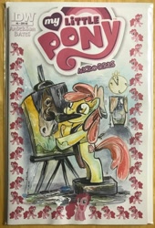 Size: 1394x2048 | Tagged: safe, artist:sara richard, idw, apple bloom, pinkie pie, earth pony, horse, pony, g4, micro-series #5, my little pony micro-series, clock, comic, cover, female, filly, mare, painting