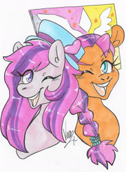 Size: 1738x2373 | Tagged: safe, artist:vederlicht, sunny starscout, oc, oc:sweet haze, earth pony, pony, g5, my little pony: a new generation, cute, hat, looking at you, one eye closed, open mouth, sign, traditional art, wink