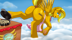 Size: 3840x2160 | Tagged: safe, artist:cainesart, oc, oc only, oc:maple breeze, pegasus, pony, apron, breakfast, butt, clothes, cloud, cooking, female, food, high res, kicking, looking at you, looking back, looking back at you, plot, solo, waffle