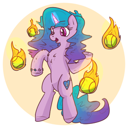 Size: 2804x2804 | Tagged: safe, artist:uteuk, izzy moonbow, pony, unicorn, g5, my little pony: a new generation, spoiler:my little pony: a new generation, backwards cutie mark, ball, bipedal, bracelet, female, fire, fireball, glowing, glowing horn, high res, horn, izzy's tennis ball, jewelry, magic, mare, open mouth, solo, telekinesis, tennis ball, three quarter view