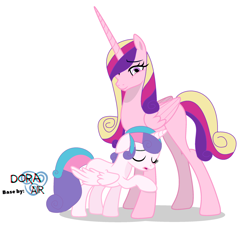 Size: 2392x2168 | Tagged: safe, artist:doraair, artist:lillyblosam, princess cadance, princess flurry heart, alicorn, pony, g4, base used, duo, duo female, eyes closed, female, high res, mama cadence, mare, mother and child, mother and daughter, older, older flurry heart, sad, simple background, slender, smiling, thin, white background