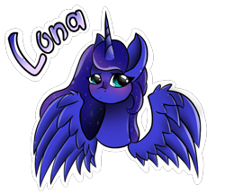 Size: 1762x1514 | Tagged: safe, artist:yanderecomet, princess luna, alicorn, pony, g4, blushing, bust, female, simple background, solo, spread wings, transparent background, wings